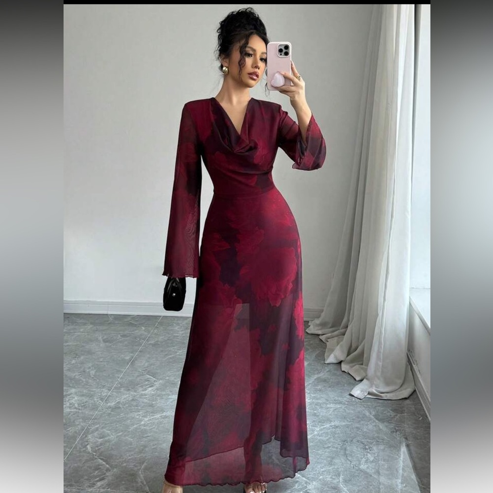 Red Cowl Neck Bell Sleeve Gown